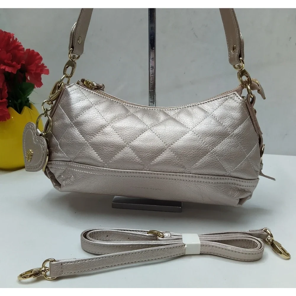 Rebecca Taylor Metallic Gold Leather Quilted Zipper Hobo Shoulder Bag - NWoT